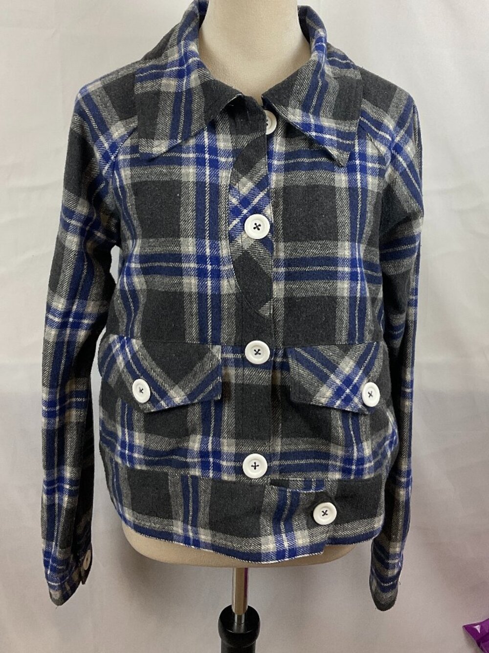 House of Sunny Plaid Jacket US 4 Gray Blue White Plaid Long Sleeve Lined